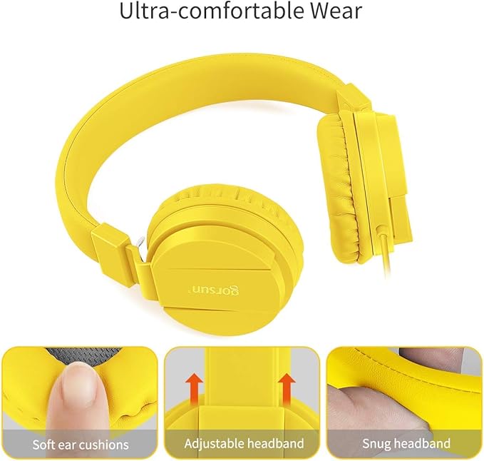gorsun Kids Headphones, Lightweight Stereo Wired Toddler Headphones, Adjustable Headband Children's Headset for Smartphones Computer Pad Earphones(Yellow)
