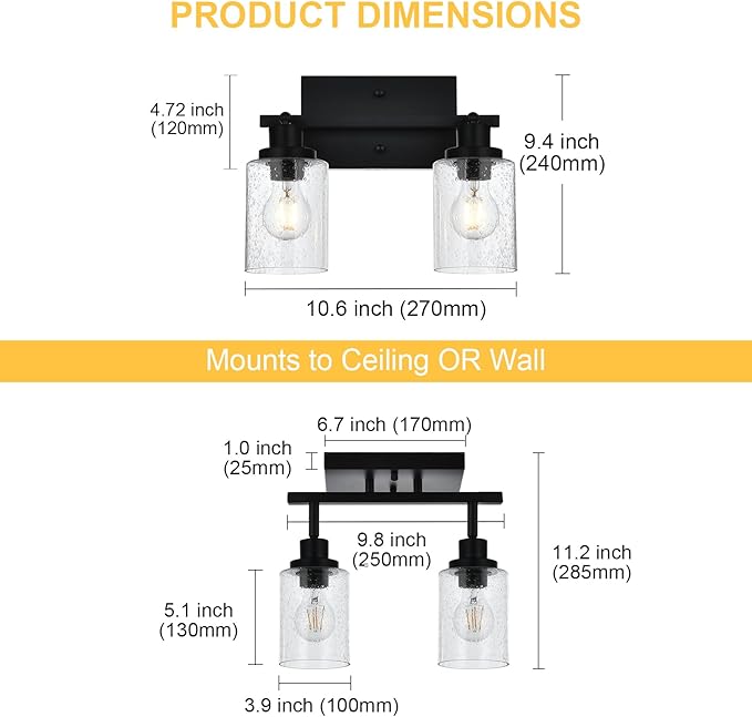 2-Light Black Track Lighting Kit Ceiling Mount Kitchen Track Lighting Fixtures, Bathroom Ceiling Tracking Vanity Light with Bubble Seeded Glass Shade & Rotatable Tracking Heads for Accent Shop