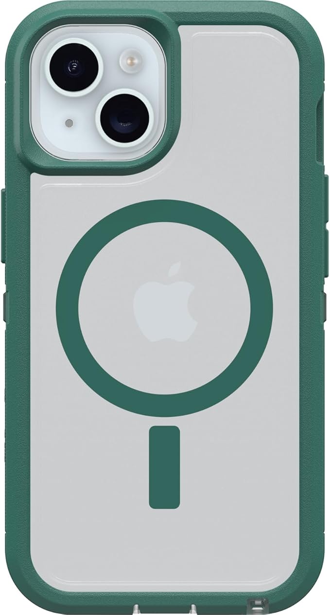 OtterBox iPhone 16e, 15, 14, & 13 Defender Series XT Clear Case - Velvet Evergreen (Clear), screenless, Rugged, Snaps to MagSafe, Lanyard Attachment