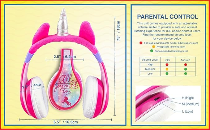 Unicorn Kids Headphones, Adjustable Headband, Stereo Sound, 3.5Mm Jack, Wired Headphones for Kids, Tangle-Free, Volume Control, Foldable, Childrens Earphones for School, Home, Travel