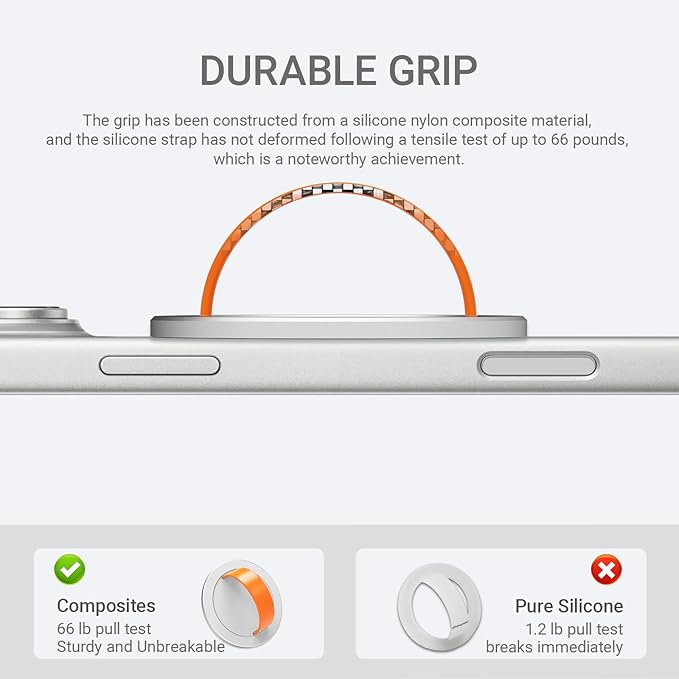 Grat 3 Lite Magnetic Phone Loop, [Nylon-core Silicone Strap] 360° Rotatable Phone Grip, Detachable Finger Holder Compatible with Magsafe for iPhone 16 15 14 13 12 Pro/max, Silver
