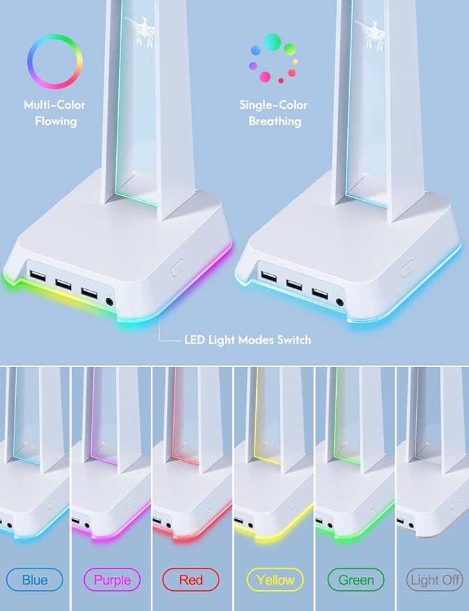 RGB Headphone Stand with 3.5mm AUX and 3 Port USB 2.0 Hub, Universal Gaming Headset Hanger Holder for Computer Gaming Gamer Accessories (White)