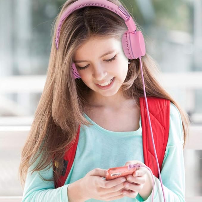M2 Kids Headphones Wired Headphone for Kids,Foldable Adjustable Stereo Tangle-Free,3.5MM Jack Wire Cord On-Ear Headphone for Children/Teens/Girls/School/Kindle/Airplane/Plane/ (Pink)