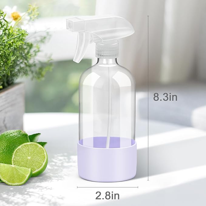 Glass Spray Bottles with Silicone Sleeve Protection, Empty 16 oz Refillable Containers, Reusable Spray Bottles with Adjustable Nozzle for Hair, Cleaning Solutions, 3 Pack Purple