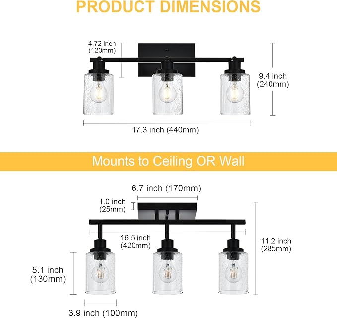 3-Light Black Track Lighting Kit Ceiling Mount Kitchen Track Lighting Fixtures, Bathroom Ceiling Tracking Vanity Light with Bubble Seeded Glass Shade & Rotatable Tracking Heads for Accent Shop