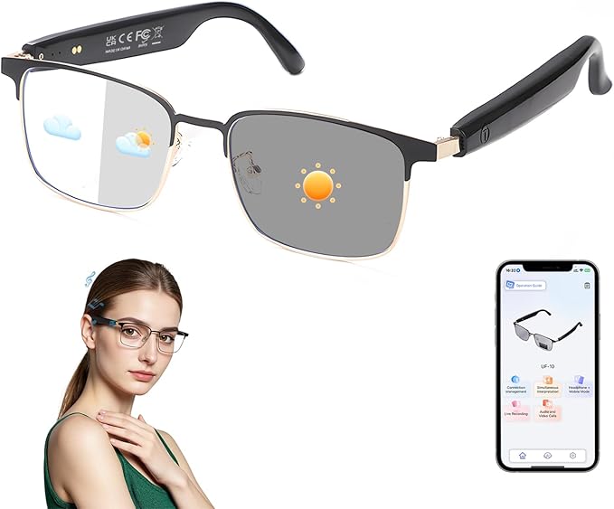 Smart AI Translator Glasses, Blue Light Glasses for Woman Men, Simultaneous Interpretation Eyeglasses for 110+ Languages, Real-Time Translation, Photochromic Lenses, AI Smart Sunglasses for Travel -G