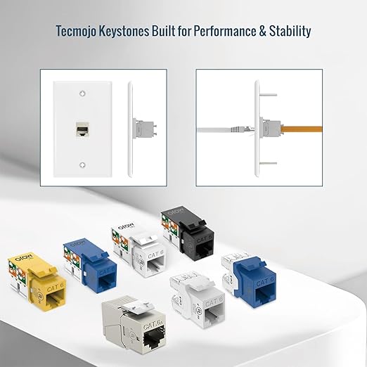 Tecmojo UL Listed 10Gbps Cat6A Shielded Keystone Jack Insert 10 -Pack, 180 Degree Punch Down RJ45 Keystone Jack Adapter Slim Profile for Patch Panel & Wall Plate, Sliver