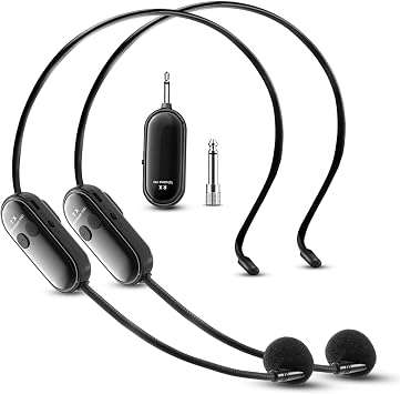 Wireless Headset Microphone System Double: 2.4G Cordless Mic Head for Two People, Head Handheld Mic - USB-C Rechargeable, 1/4'' and 1/8'' Plug for PA System, Voice Amplifier, Teaching, Fitness