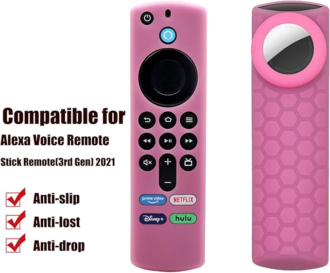 Glow Case for TV Stick 4k Max (3rd Gen 2021) Alexa Voice Remote Cover with Holder for Airtag and Tile Sticker 2020,Glow in Dark 2 in 1 Silicone Protective Sleeve for AirTag Remote Control,Glow Pink