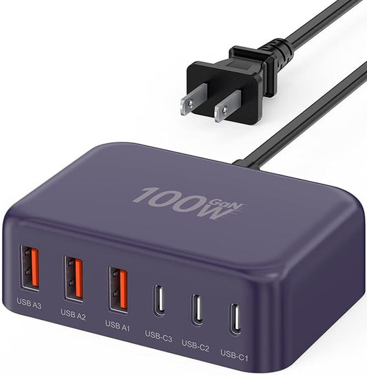 [2026 Updated] USB C Fast Charger, 100W GaN 6 Port Type C Charging Station Hub Block Cube, USB C Wall Charger Power Strip Adapter Plug for iPad iPhone 17 16 15 14 Pro Max Pixel Note Galaxy, 5ft Cord