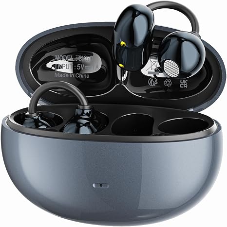 Open Ear Clip-On Earbuds, Wireless Bluetooth Ear Cuff Headphones with Charging Case, Lightweight Open-Ear Earbuds with Smart Touch Control for Women, Small Ears, Sports, Work, Travel,Black