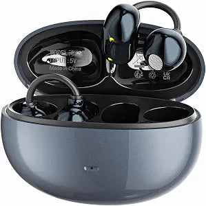Open Ear Clip-On Earbuds, Wireless Bluetooth Ear Cuff Headphones with Charging Case, Lightweight Open-Ear Earbuds with Smart Touch Control for Women, Small Ears, Sports, Work, Travel,Black