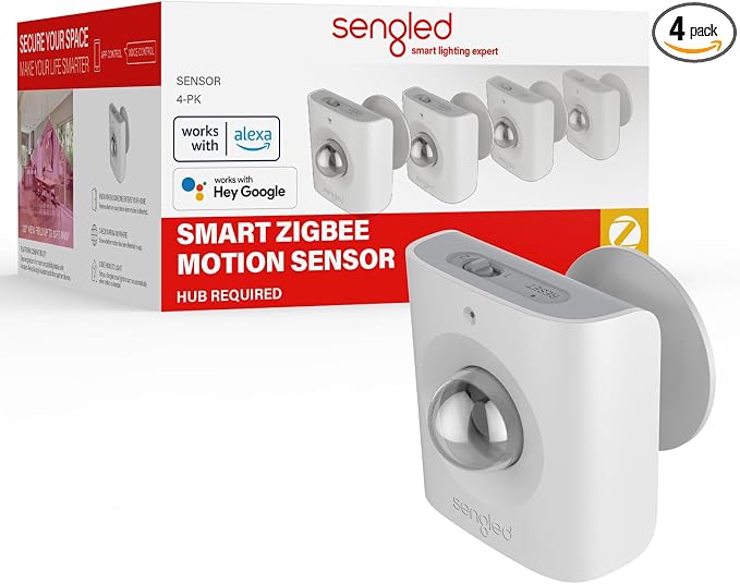 Sengled Zigbee Motion Sensor, Zigbee Hub Required, Pet Friendly, Works with SmartThings, Echo 4t'h, Hubitat or Echo Devices with Build-in Zigbee hub, 4 Pack