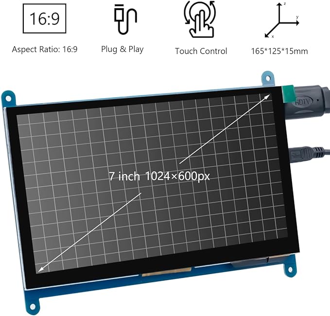 7 Inch IPS LCD Touch Screen Display Panel 1024×600 Capacitive Screen HDMI Monitor for Raspberry Pi5/Pi4/Pi3/ZERO W, BB Black, Windows 10 8 7