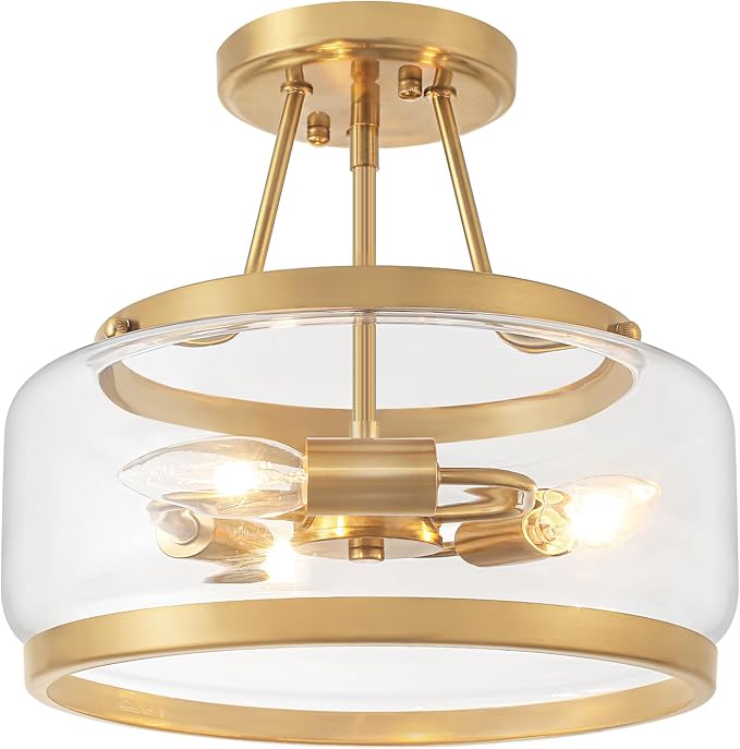 11.81" Brushed Gold Semi Flush Mount Ceiling Light, Modern Glass Drum Light Fixtures, 3-Light Golden Ceiling Lights for Hallway Entryway Bedroom Laundry Room Kitchen Dining Room Lighting, UL-Listed