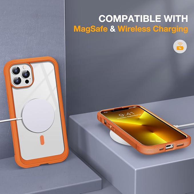 Miracase for iPhone 13 Pro Case 6.1",with MagSafe,Built in Screen Protector,Full-Body Protection(Orange)