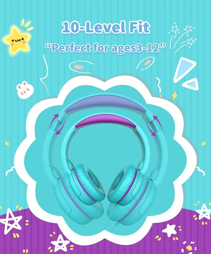 Wired Kids Headphones with Mic, Foldable, Volume Control Safe Listening(85/94dB), 3.5mm Jack on-Ear Headset for Chilren/Teens/Boys/Girls/School/Travel/Plane/Tablet/Ipad/Laptop, GreenPurple