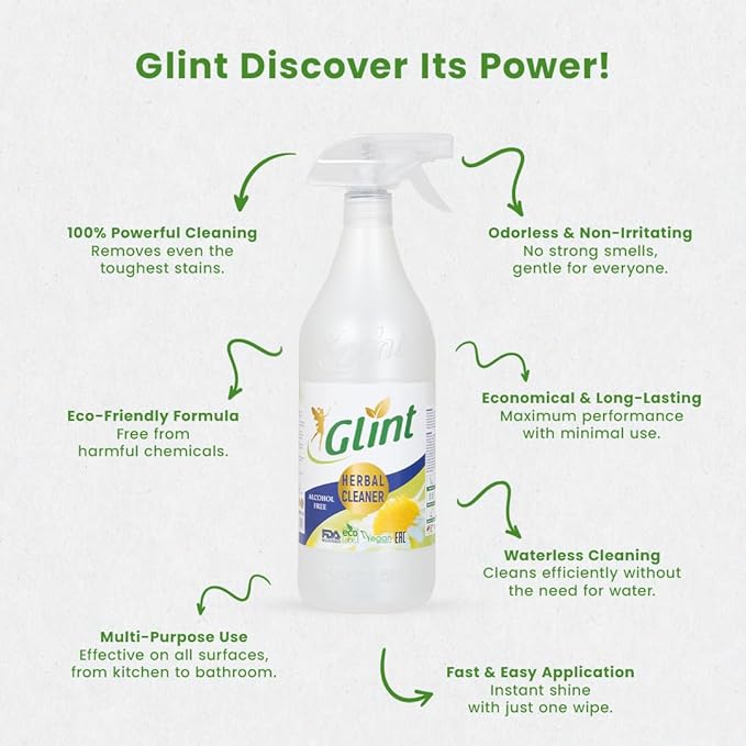 Glint Multi-Purpose Herbal Cleaner, Plant-Based, Eco-Friendly, Stain & Grease Remover, 1000 ml (33.8 fl oz), Safe for Home, Family & Pets, Alcohol-Free, Chemical-Free