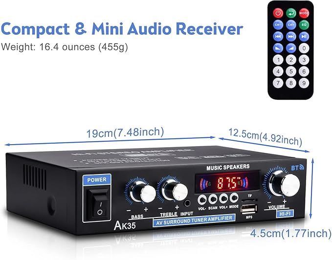 AK35 Home Audio Amplifier Receiver, 200W Home Dual Channel Bluetooth 5.0 Sound Speaker AMP, Home Amplifiers FM Radio/USB/SD/Card w/Remote Control Home Theater Audio Stereo System Components