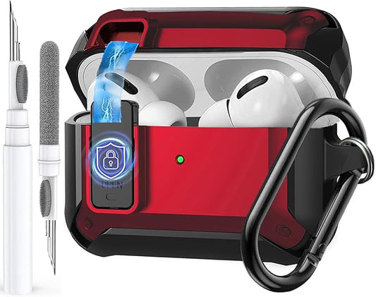 for Airpods Pro 3 Case with Magnetic Automatic Lock, Rugged Apple Airpods Pro 3rd Generation Cover 2025, Armor Shockproof iPod Pro3 Gen Protective Shell with Carabiner&Cleaner kit, Black/Red