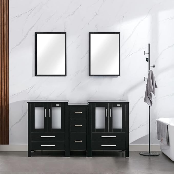 eclife 60" Modern Bathroom Vanity Sink Combo Freestanding Cabinet with Small Side Cabinet, Without Vessel Sink, Faucet, Drain (Black Vanity Only)
