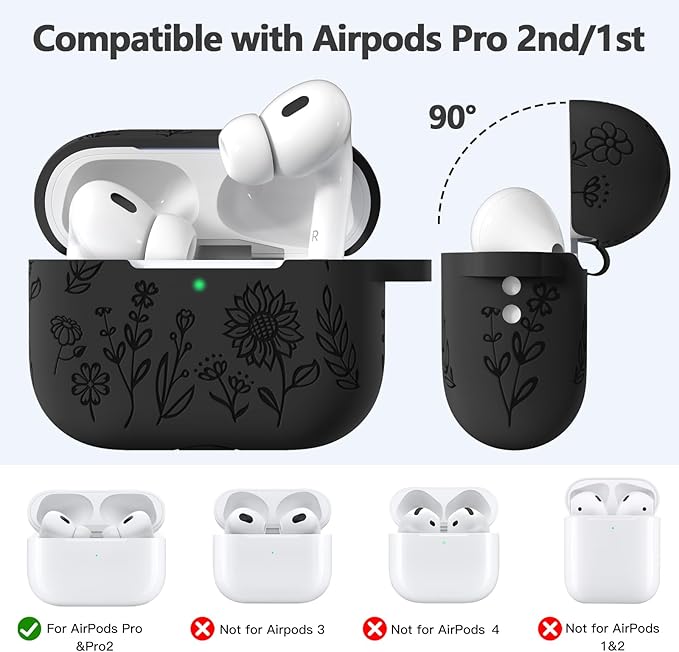 Hamile for AirPods Pro 2nd Generation Case with Cleaner Kit & Keychain, Flower Engraved Soft Silicone Protective AirPods Pro Case Cover for Apple AirPods Pro Case 2nd/1st Gen,Front LED Visible,Black