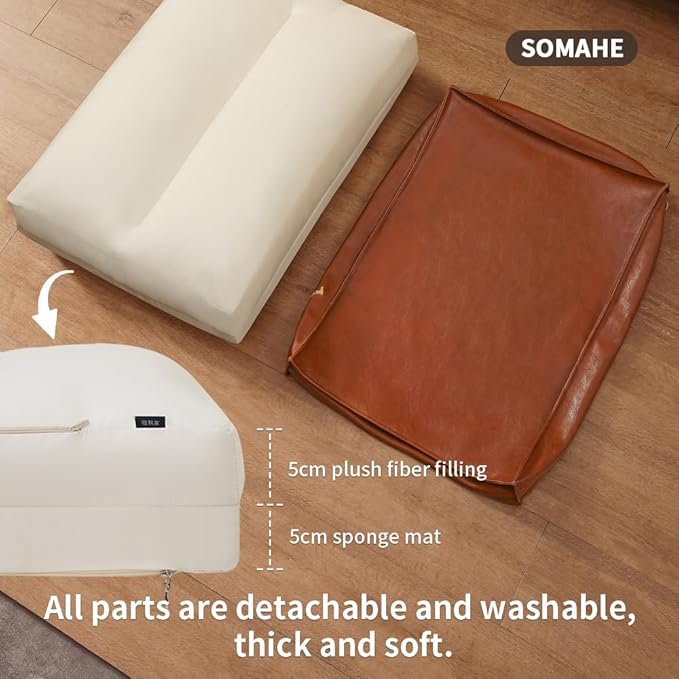 Dog Bed Medium Size Dog Orthopedic Beds for Small Dogs with Removable Washable PU Leather Cover Waterproof Brown 27.5×19.6×4inch