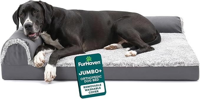 Furhaven Orthopedic Dog Bed for Large Dogs w/ Removable Bolsters & Washable Cover, For Dogs Up to 125 lbs - Two-Tone Plush Faux Fur & Suede L Shaped Chaise - Stone Gray, Jumbo Plus/XXL