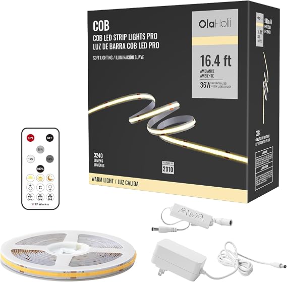 16.4ft COB LED Strip Light with Remote, 3000K Ra93+ Dimmable Bright Warm White Led COB Strip Light, White Led Strip Light for Mirror, Stair, Cabinet, Room
