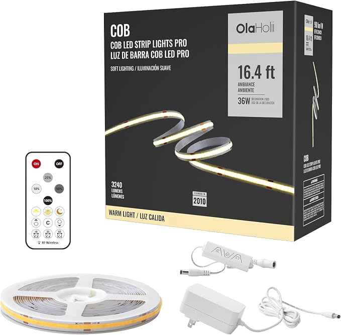 16.4ft COB LED Strip Light with Remote, 3000K Ra93+ Dimmable Bright Warm White Led COB Strip Light, White Led Strip Light for Mirror, Stair, Cabinet, Room