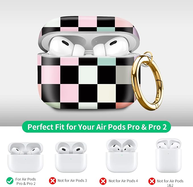 Compatible with Airpod pro 2nd/1st Generation Case Cover with Gold Round Keychain Cute Pattern Hard & Anti Slip Cover for Men Women & Girls（Colorful Squares）