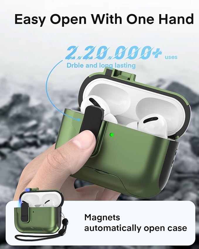 Maxjoy for AirPods Pro 3 Protective Case with Cleaning Kit, Military Hard Case with Lock Shock-Absorbing, Military Green