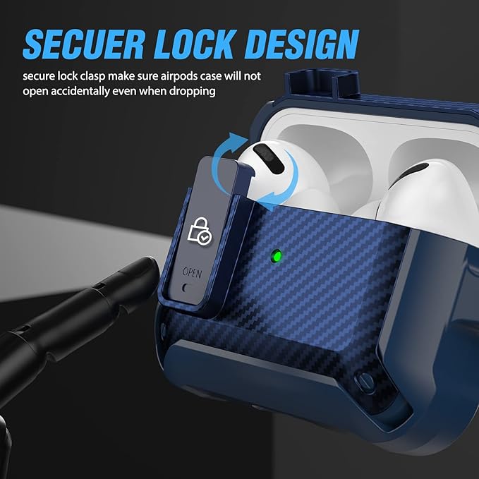 Valkit Compatible Airpods Pro Case with Lock Clip, Carbon Fiber Texture Air Pod Pro Case Cover with Keychain for Men Women Cool AirPod Pro Shockproof Protective Case for AirPods Pro 2019, Blue