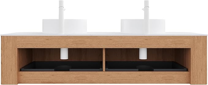 KEIKI 60" Wall-Mounted Floating Vanity, Modern Bathroom Vanity with Sinks and 3D Striped Drawer Fronts, 2 White Ceramic Vessel Basins, Pre-Assembled Storage Cabinet for Bathroom, Natural Wood