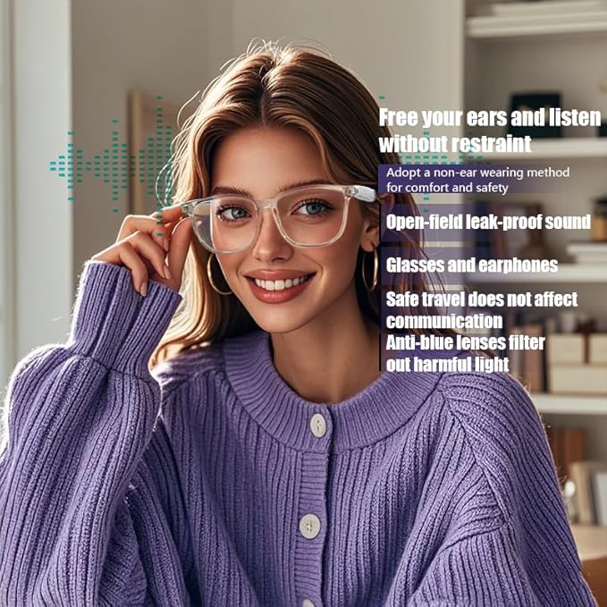 Smart Glasses Bluetooth for Women with Speaker Anti-Blue Light Polarized Built-in Microphone for Android iOS (White Frame - Blue Light)