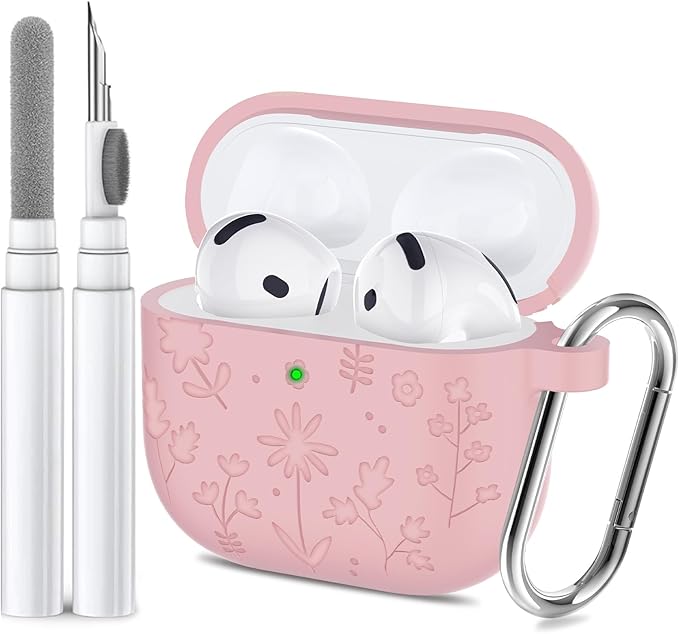 Compatible with AirPods 4th Generation Case Cover with Cleaner Kit, Flower Engraved Silicone Shockproof Protective Skin Cover for AirPods 4 Case 2024 with Keychain, Pink