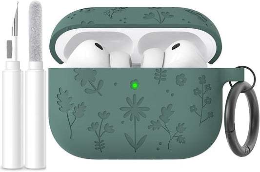 AhaStyle AirPods Pro 3 Case Cover (2025) Flower Engraved Cute Silicone AirPods Pro 3rd Generation Case Full Body Shockproof Cover Skin for Apple AirPods Pro 3rd Gen with Cleaning Kit for Women Girls