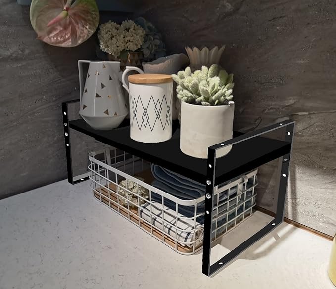 Expandable Stackable Spice Rack Cabinet Shelf Organizer in Cabinets Shelves Kitchen Cupboard Organization Stack up Racks Pantry Countertop Storage Medium/Black 2 Packs