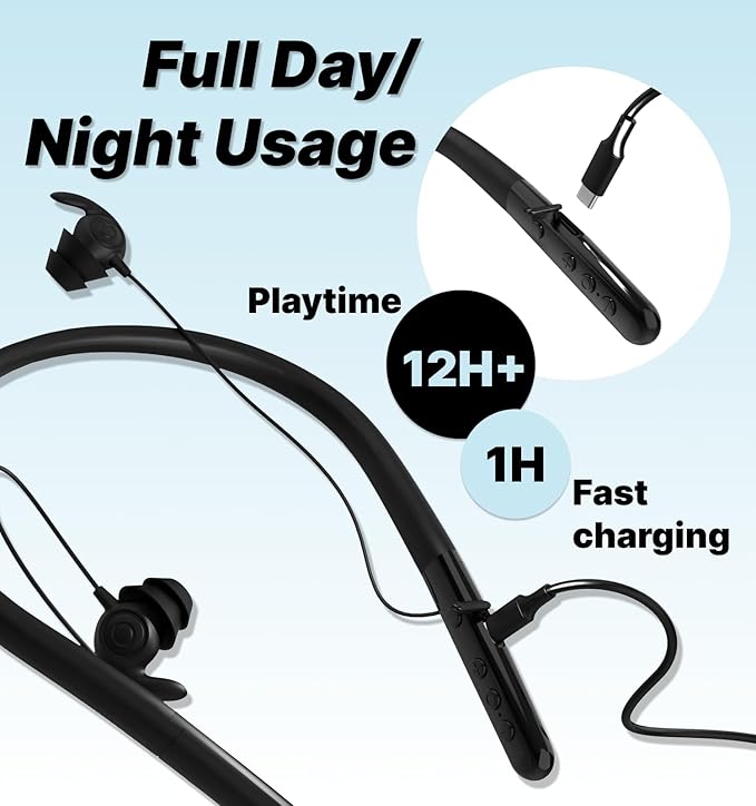 Hmusic HS88 Sleep Earbuds for Side Sleepers – Ultra-Thin Silicone Neckband Headphones, 30dB Noise Isolation, 12H Battery Life with Sleep Timer, Secure Fit for Yoga, Travel, Audiobooks & Meditation