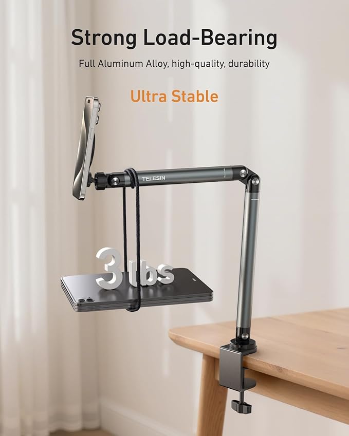 Magnetic Phone Holder for Desk & Bed – Black, 360° Adjustable Long Arm Tablet Stand with Strong N52 Magnet for iPhone, Android & iPad