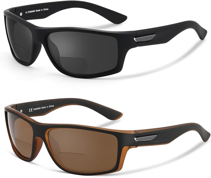 Missfive 2-Pack Mens Ultimate Bifocal Sunglasses with Readers Built In Sporty Upgraded Wrap Frame, UV400 Protection Driving & Reading Glasses for Outdoor +3.0 (Dark/Brown)