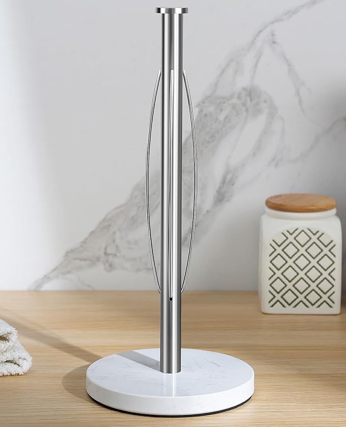 Weighted Marble Paper Towel Holder Countertop, Standing Paper Roll Holder with Non-Slip Base for Kitchen, One-Handed Tear, Elastic Centering Wire (Marble, Stainless Steel)