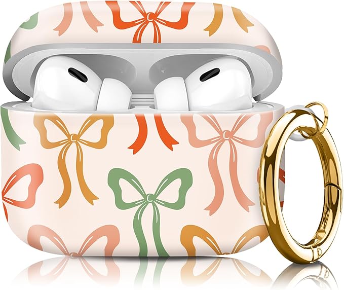 Compatible with Airpod pro 2nd/1st Generation Case Cover with Gold Round Keychain Cute Pattern Hard & Anti Slip Cover for Men Women & Girls（Colored Bow）