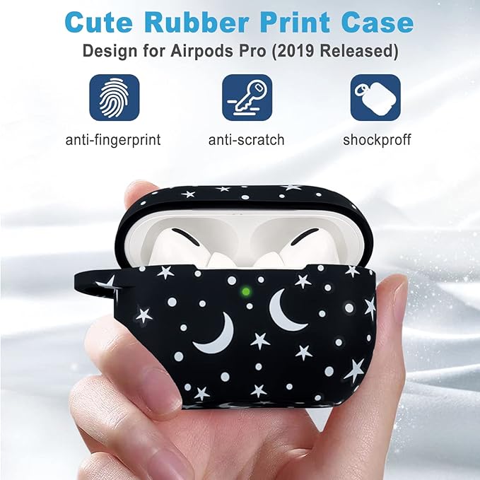 Moon Star Silicone Compatible with AirPods Pro Case 2019, Gawnock Soft Case Cover Flexible for Print Cover for Women Girls with Keychain - Moon/Star