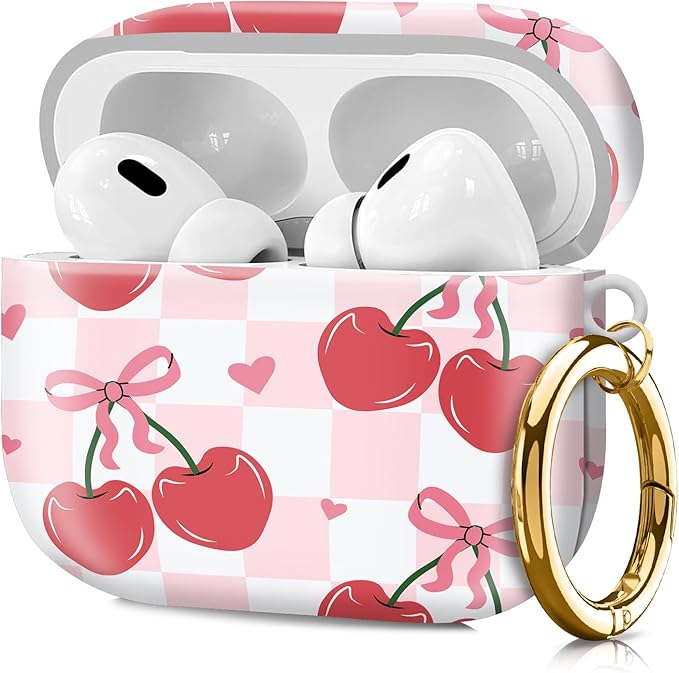 Compatible with Airpod pro 2nd/1st Generation Case Cover with Gold Round Keychain Cute Pattern Hard & Anti Slip Cover for Men Women & Girls（Bow Cherry）