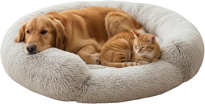 Fluffy Dog Bed Calming Donut Beds for Large Dogs Warming Round Small Medium Pet Nest Cozy Cat Mattress Indoor Washable Puppy Kennel Kittens Sleep Mat (XL, 43.3×43.3 inch, Gradient Gray)