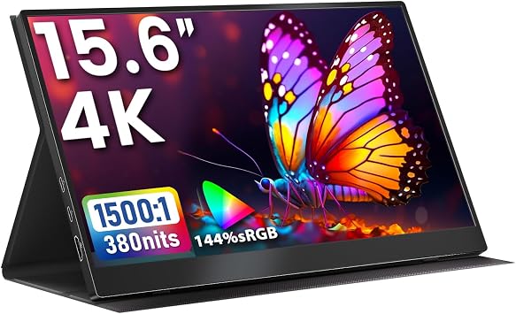 Upperizon Portable Monitor 15.6 inch 4K UHD 3840X2160 144% sRGB 60Hz HDR HDMI USB-C Travel Monitor for Laptop MacBook PC Surface PS5 Xbox, External Display with Full Cover & Speakers, VESA Compatible