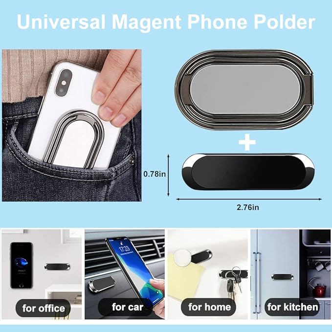 Phone Ring Holder Finger Kickstand, Foldable 360° Rotation Cellphone Grip for Desk, Office Desktop, Cell Phone Stand Compatible with iPhone iPad Smartphones Tablets (with Magnetic Car Mount)