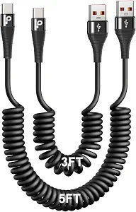 Coiled USB C Cable Fast Charging for Car 3FT/5FT, USB A to USB C Cable - Image 1
