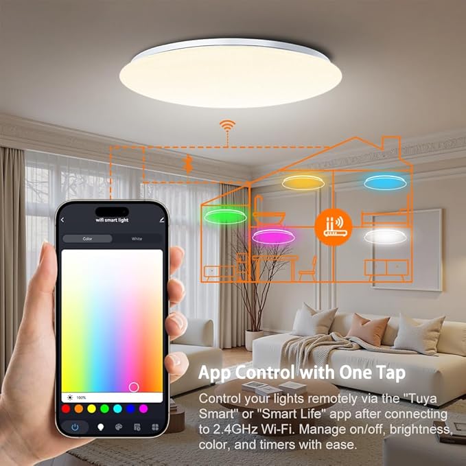 1-Pack, 13 inch Smart LED Music Ceiling Light with Bluetooth Speaker, Compatible with Alexa & Google Home, Color Changing RGB Dimmable Light for Living Room, Bedroom, Kitchen